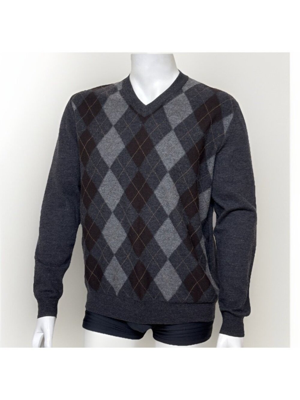 Banana Republic XFine Italy Merino Wool Argyle Sweater Mens L Gray Elbow Patches